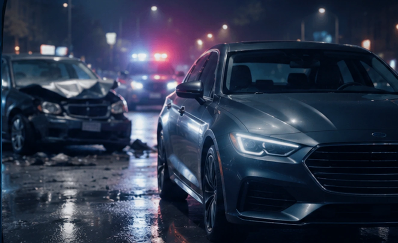 Modern car at a nighttime collision scene with emergency vehicles in the background